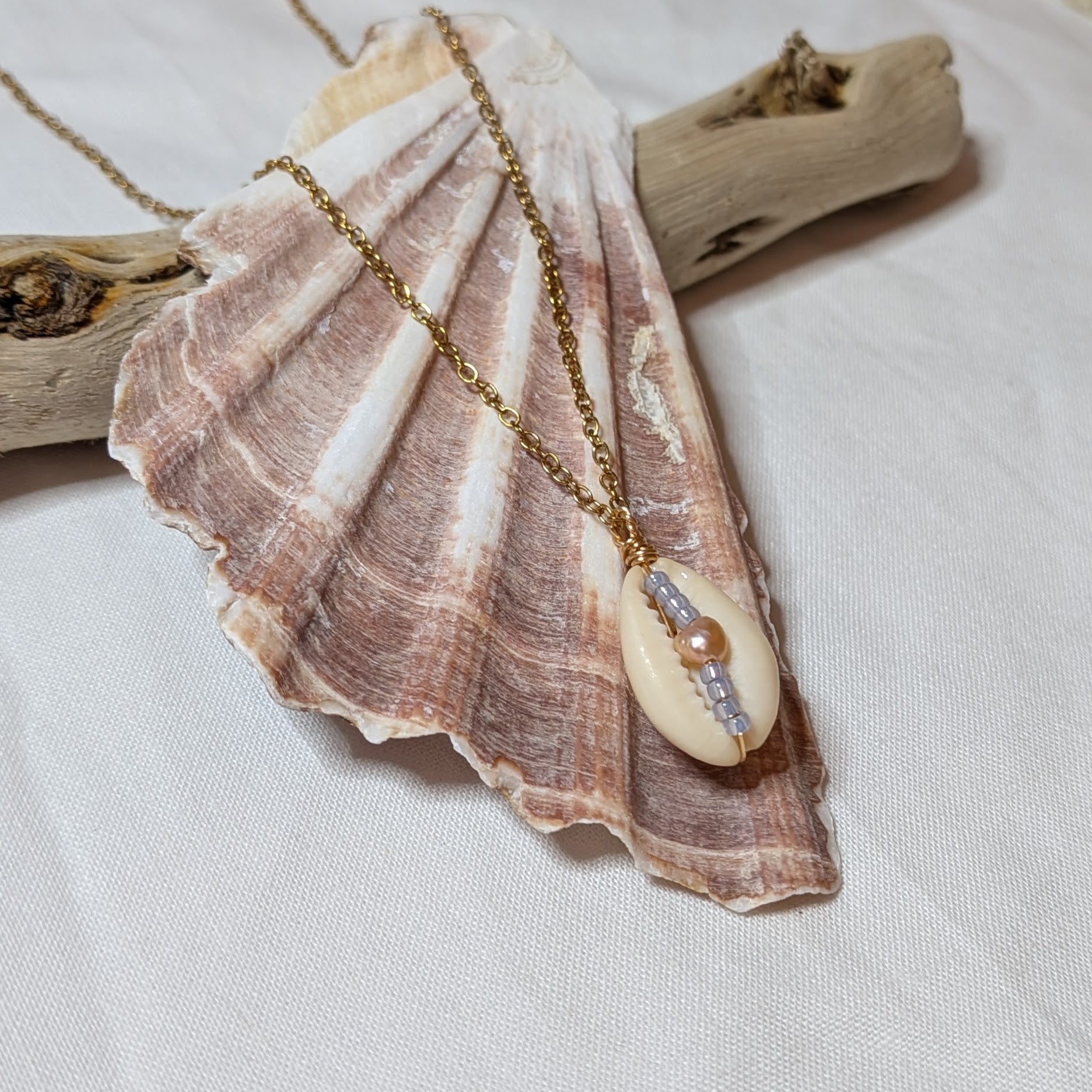 Cowrie shell and freshwater pearl necklace