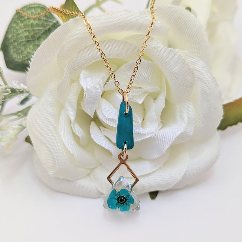Rare aqua blue sea glass and blossom necklace