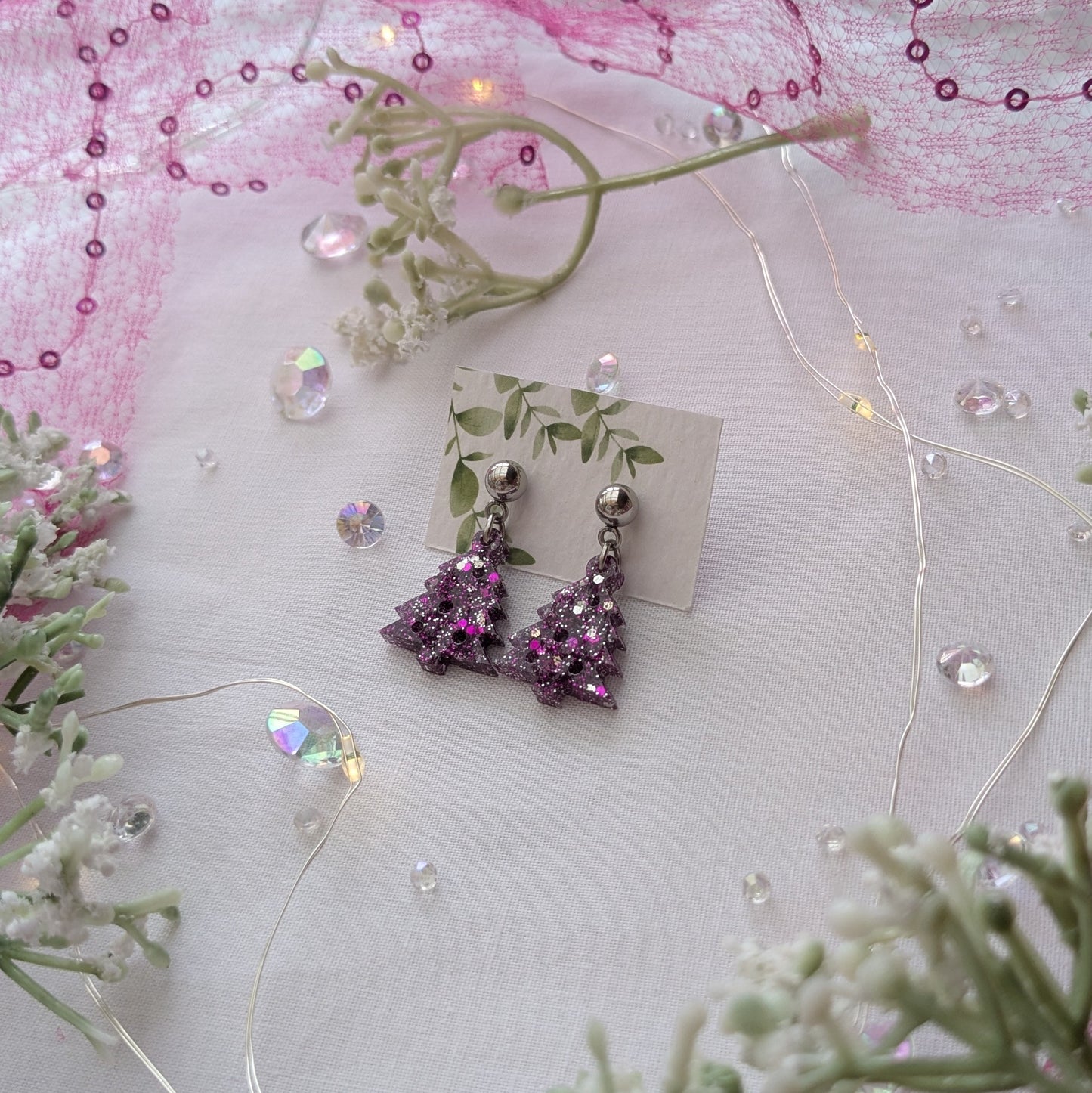 Purple sparkle Christmas tree earrings