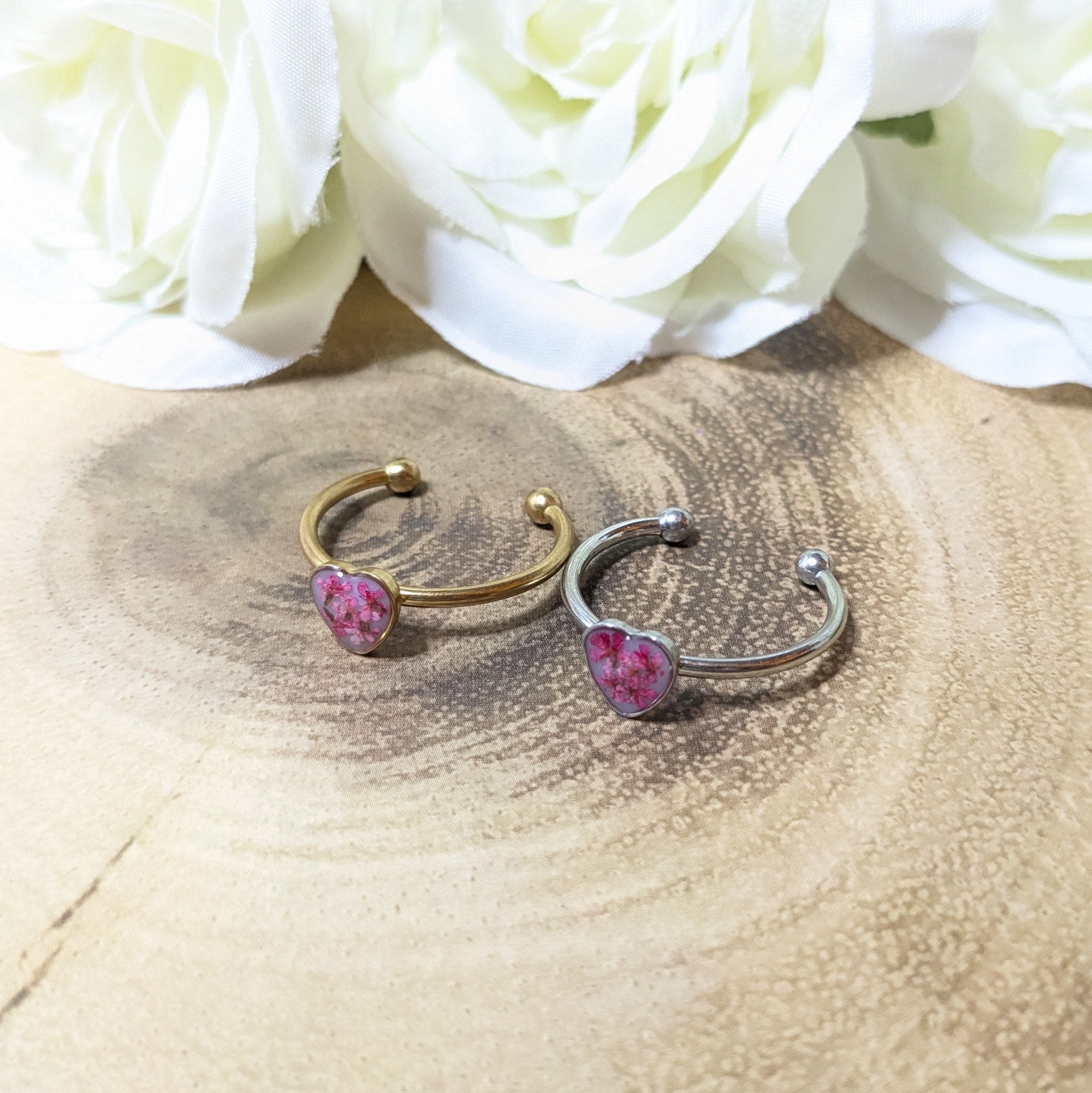 Heart and flowers adjustable cuff ring