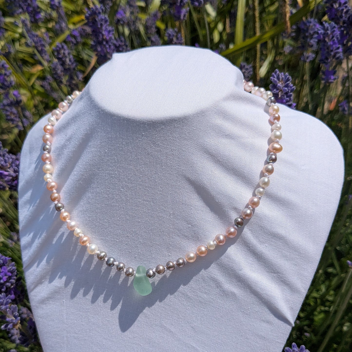 Freshwater pearl and sea glass choker style necklace