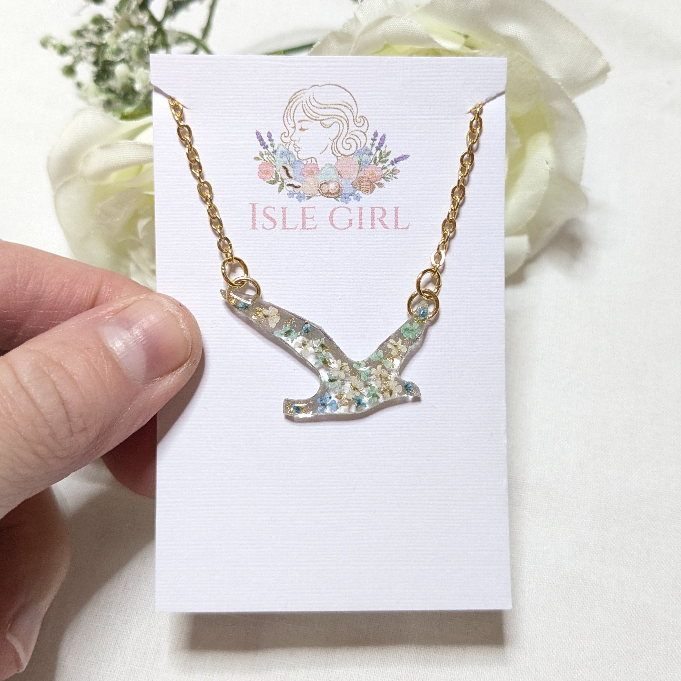 Blue and white Floral seagull necklace