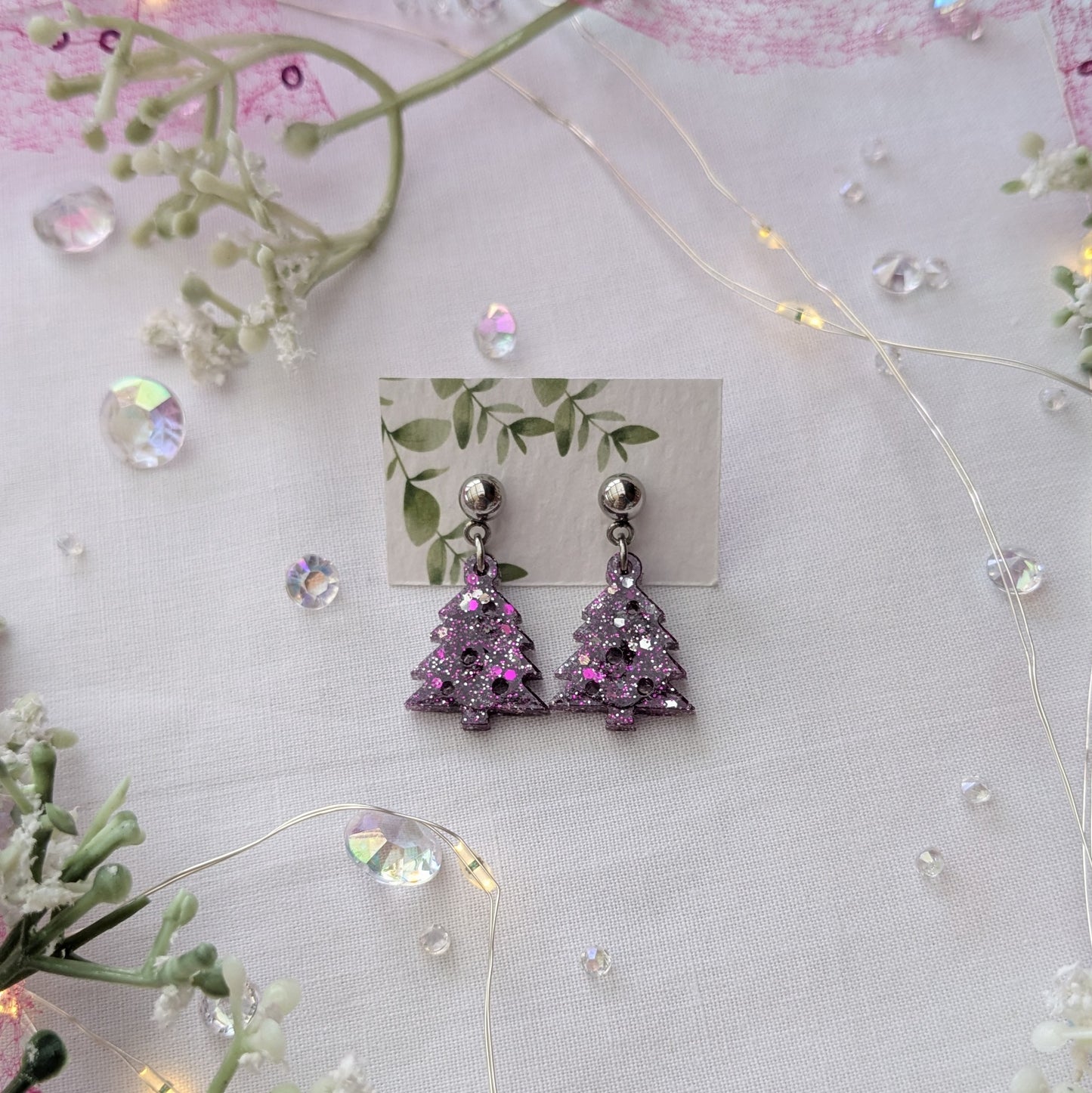 Purple sparkle Christmas tree earrings