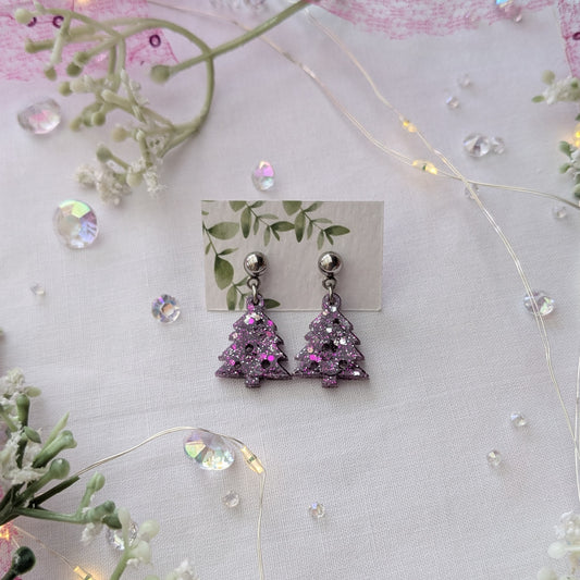 Purple sparkle Christmas tree earrings