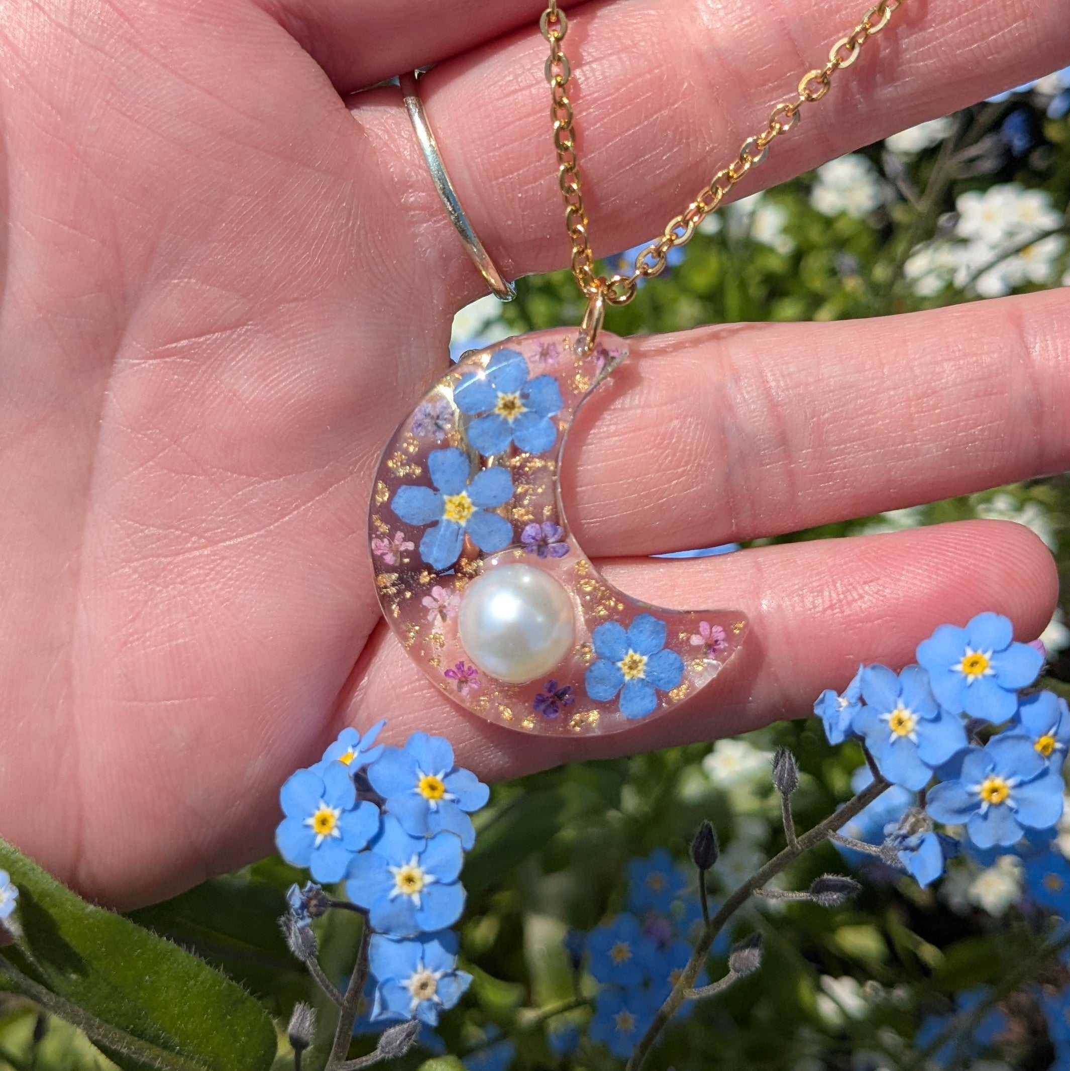 Pearl and forget me not moon necklace