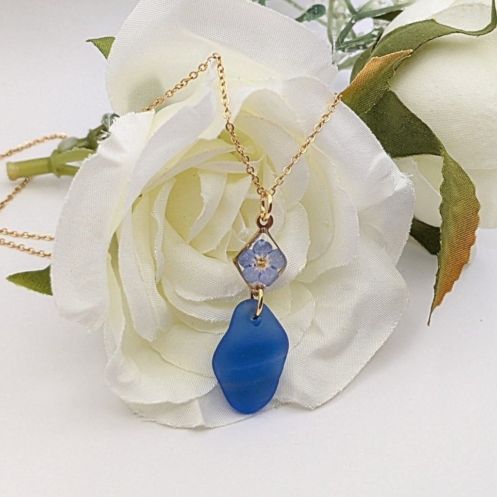 Cobalt blue sea glass and forget me not necklace