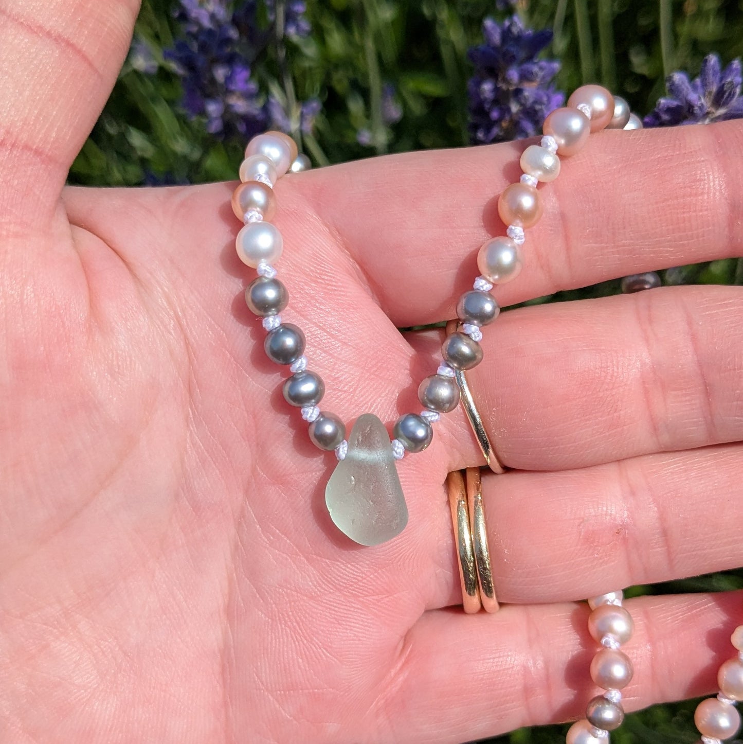 Freshwater pearl and sea glass choker style necklace