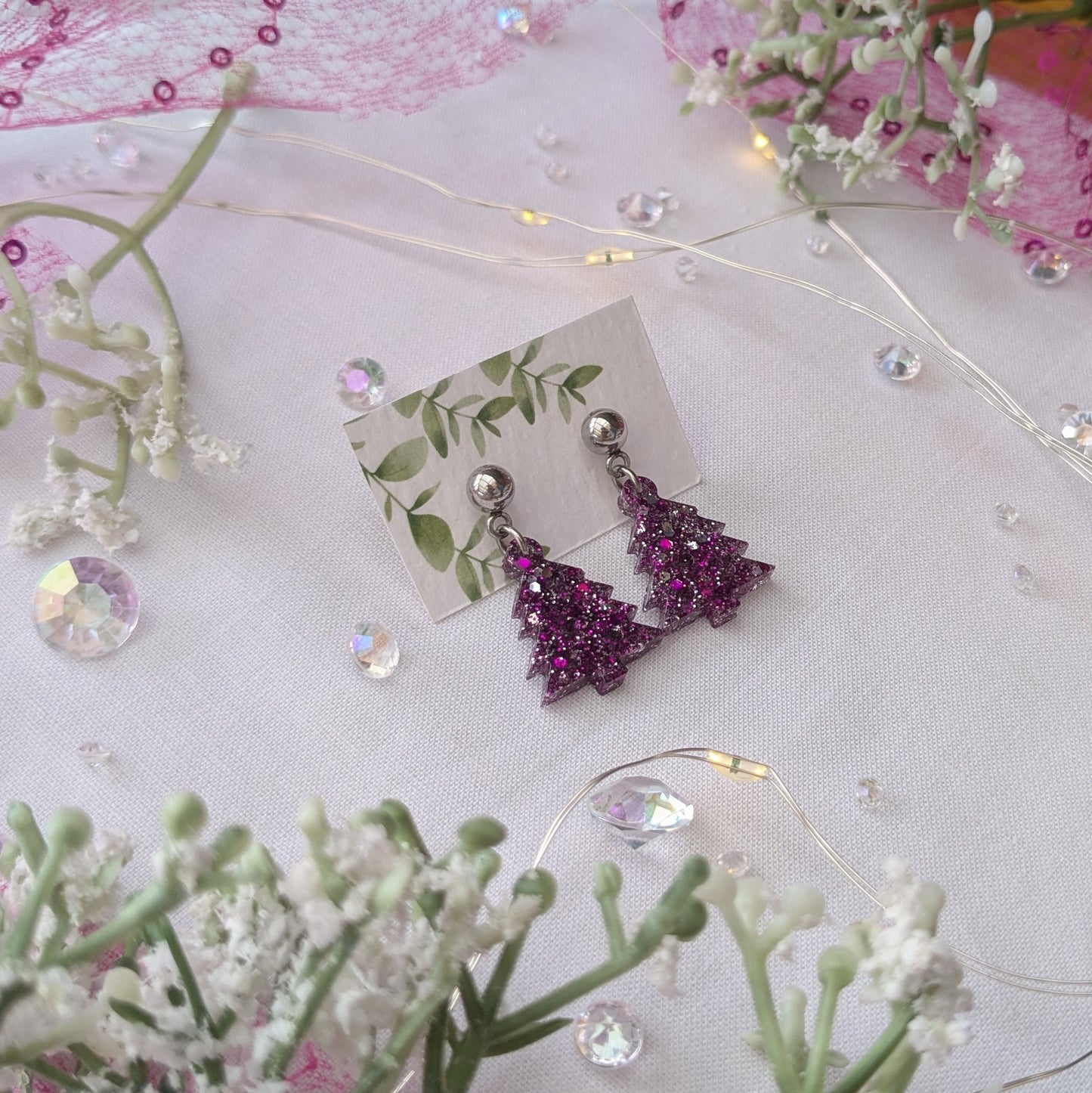 Purple sparkle Christmas tree earrings